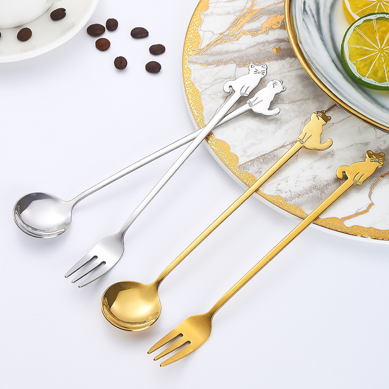 Kaffeske med katdesign i rustfrit stål til dessert_voghion.com