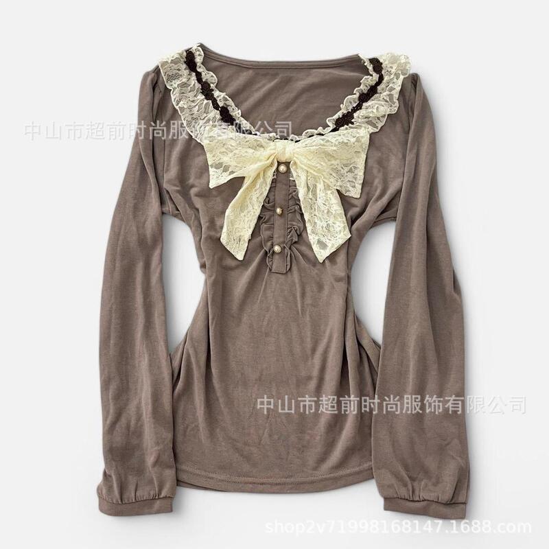Retro Lace Long-Sleeved Top with Large Bow Decoration, Unique Design, Niche and Chic, Gentle Style Women's Clothing Retro Lace Long-Sleeved Top with Large Bow Decoration, Unique Design, Niche and Chic, Gentle Style Women's Clothing