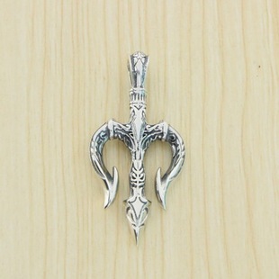 Sterling Silver Neptune Trident Pendant Necklace Men's Retro Silver Jewelry Niche Design High-End Trendy Brand Easiest for Match Accessories