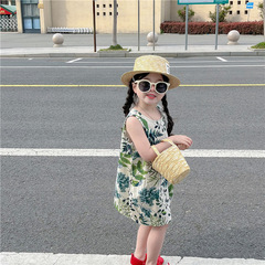 女寶寶背心裙2023女童夏季小清新度假風滿印葉子休息寬鬆無袖長裙