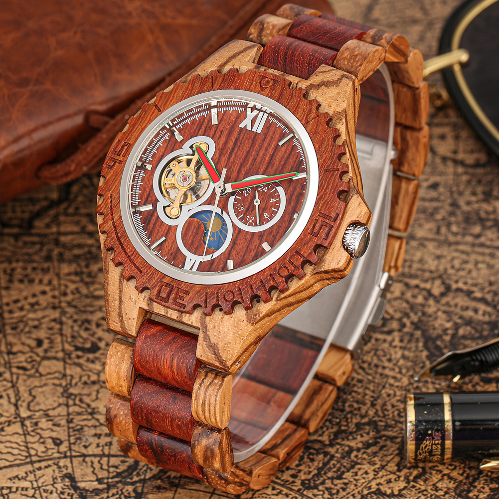 Automatic Mechanical Watch Men Zebra Wood Red Sandalwood Skeleton_voghion.com