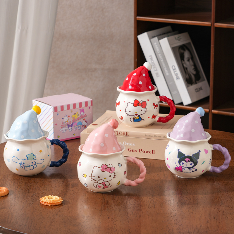 Auténtico Sanrio taza de marca lindo perro de orejas grandes gato Kulomi dibujos animados KT tapa de pastel taza de cerámica taza de café