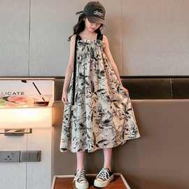 女童夏装连衣裙2026新款女大童洋气水墨画复古吊带裙子儿童公主裙