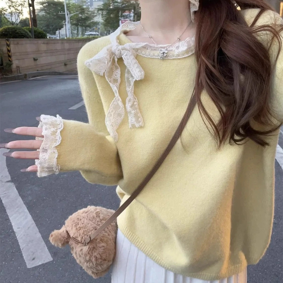 2024 новый нежный ветер сладкий бант вязаный свитер женский зимний мягкий клейкий шикарный внутренний свитер с длинными рукавами