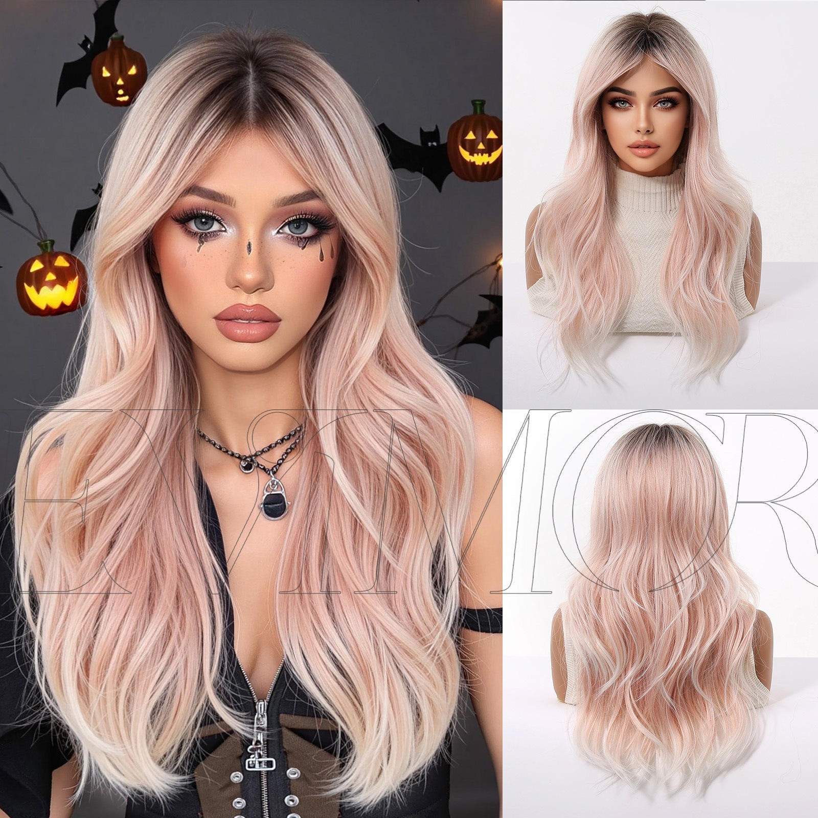 Europa y América cosplay pelucas mujeres cubierta de cabeza de color ondas grandes pelucas Halloween vestido de fiesta wig