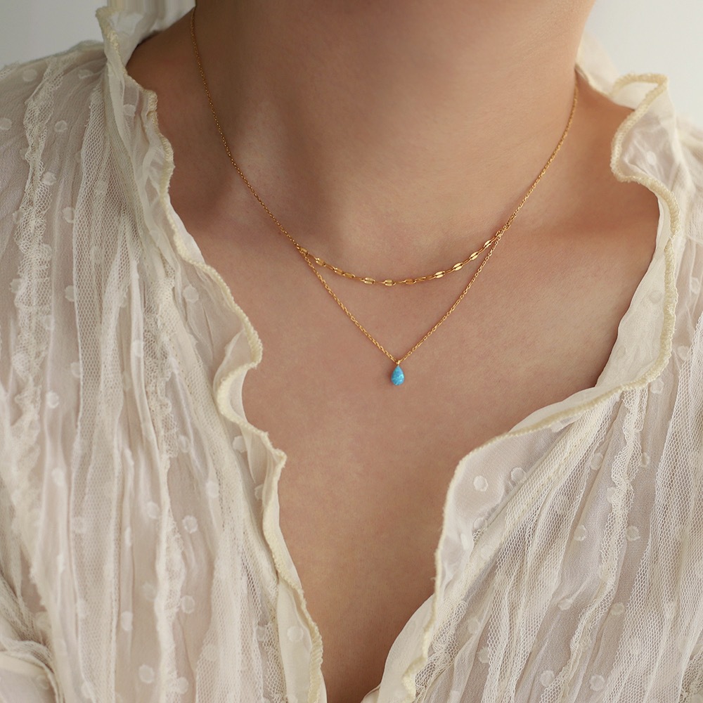 Linglang Blue Tears Water Drop Pendant Necklace 18K Gold Plated Layered Necklace Gold Chain Layering Jewelry
