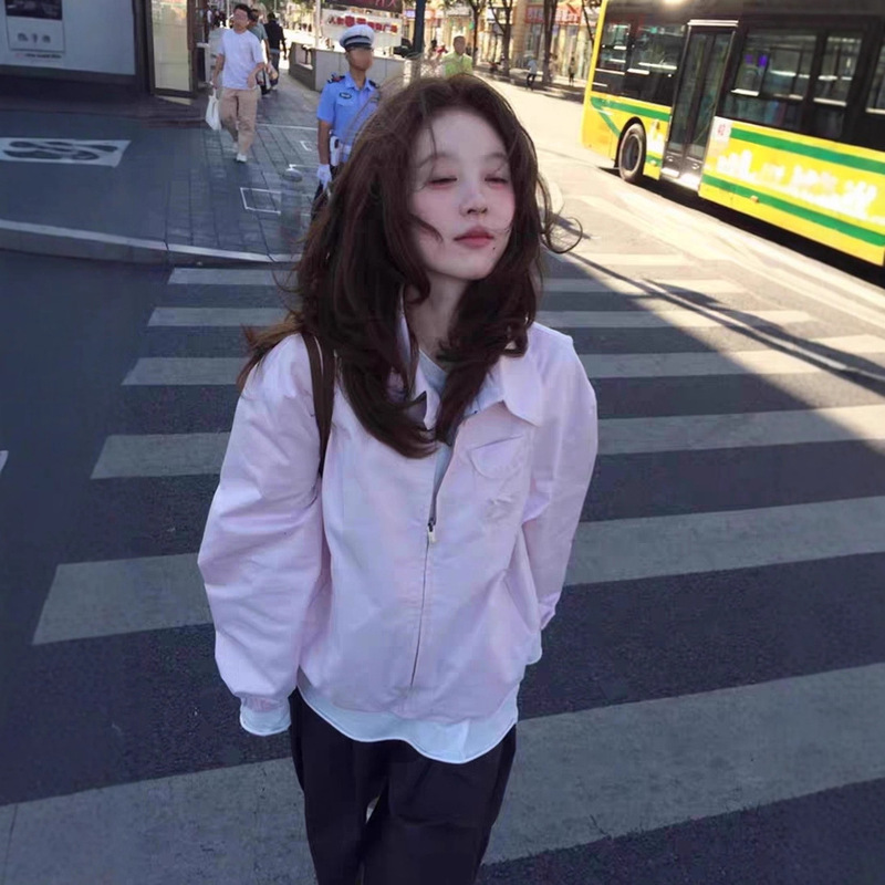 Korean and Japanese Commuter Pink Pleated Workwear Jacket for Women in Spring and Autum, Beautiful and Unique Lapel Casual Versatile Zipper Jacket