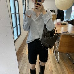 现货2025秋季新款韩版宽松休闲纯色上衣亨利领套头华夫格长袖卫衣