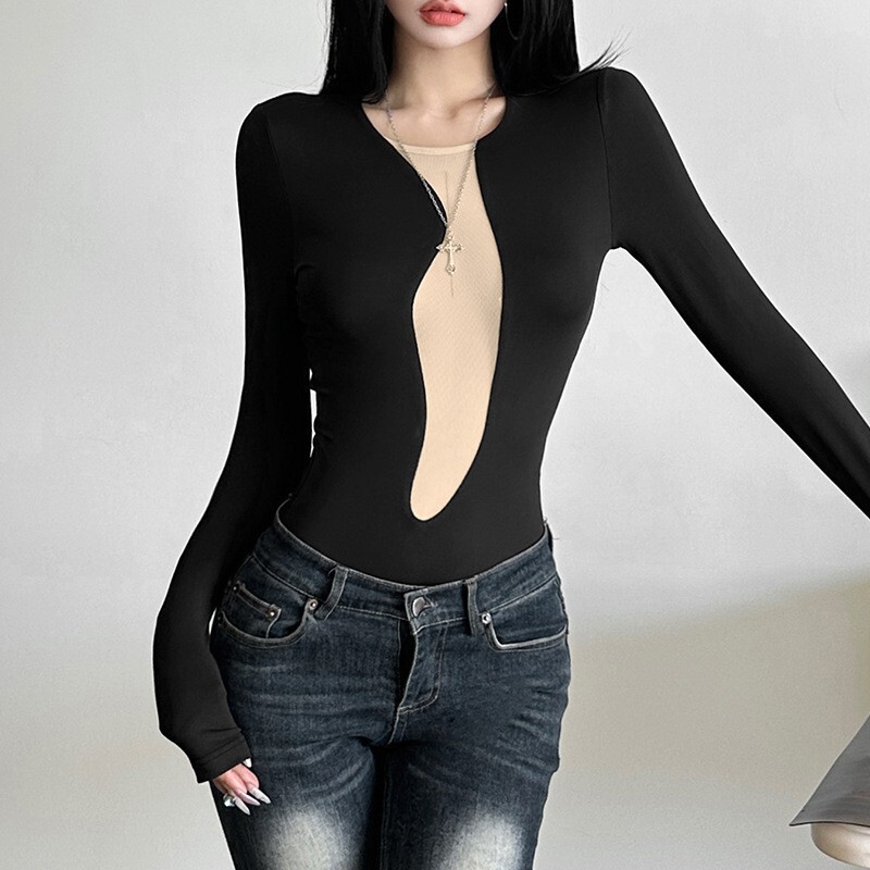 European and American Style Cross-Border Spring and Autumn New Women's Clothing, Solid Color Slim-Fit Street Fashion Round Neck Long-Sleeve Color-Blocking Sexy Jumpsuit
