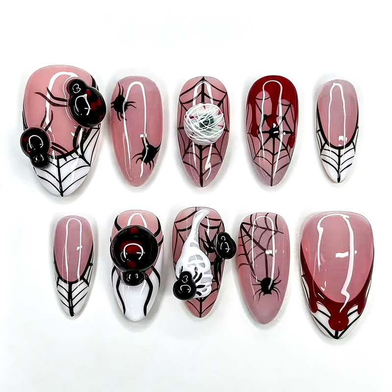 30 pieces of cross-border best-selling Halloween sweet and cool 3D spider press-on nails with exquisite blood drop spider web French manicure design 30 pieces of cross-border best-selling Halloween sweet and cool 3D spider press-on nails with exquisite blood drop spider web French manicure design