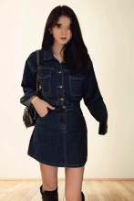 减龄气质设计感法式牛仔连衣裙女春秋冬大码胖收腰显瘦背带短裙