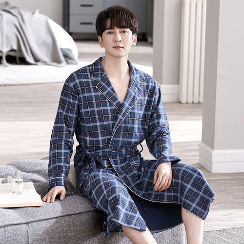 Men's Spring and Autumn Cotton Long-Sleeve Pajama Set Loose Plus Size Open Cardigan Check Mid-Length Robe Homecoming Clothes