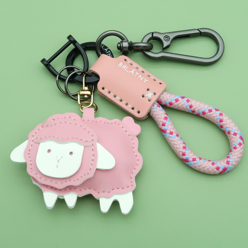 Handmade genuine leather little sheep car keychain, cute sheep stuffed pendant, festive sheep car accessory for couples