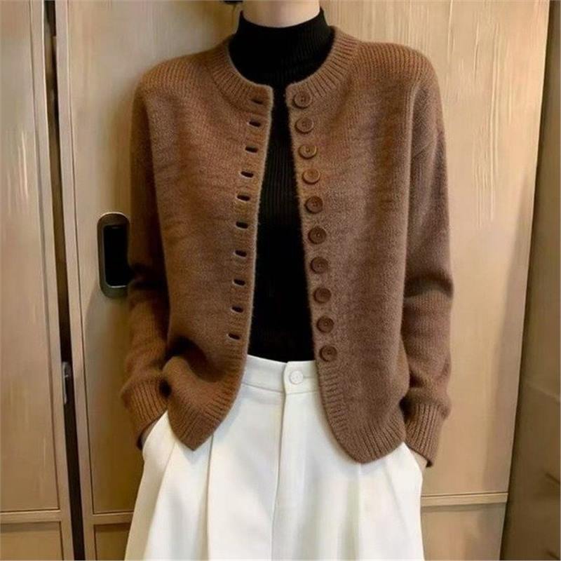 Dropshipping live-streaming bestseller: coffee-colored, round-neck, single-breasted knitted cardigan, 2026 autumn/winter new collection, fashionable and casual