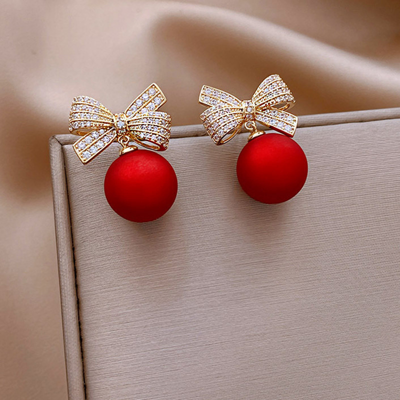 Fashionable Bow Shaped Round Bead Earrings With Diamond Stud Earrings Christmas Women Fashion Earrings_voghion.com