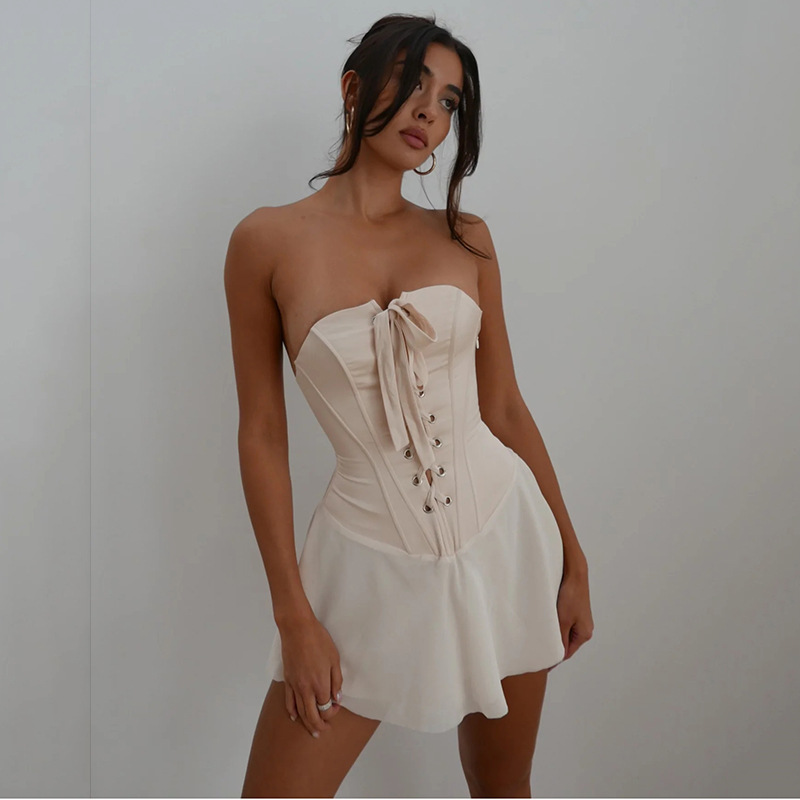 Streetwear Solid Color Strapless Sleeveless Patchwork Polyester Dresses Above Knee Ruffled Skirt