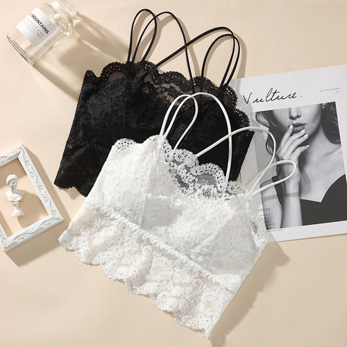 French cross-stitch lace beauty backless camisole bralette strapless backless bra with cushion for underwire and non-slip spaghetti straps underwear thin