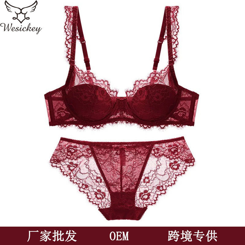 European and American Sexy Intimates for Women French Thin Cotton Lace Big Breasts Showing Small Plus Size Bra Animal Year Red Intimates Set