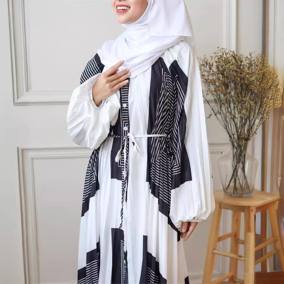 Middle East Muslim High-end Feminine Fashion With Lantern Sleeves, Printed Pleated Long Robe Dress_ecoleips.com