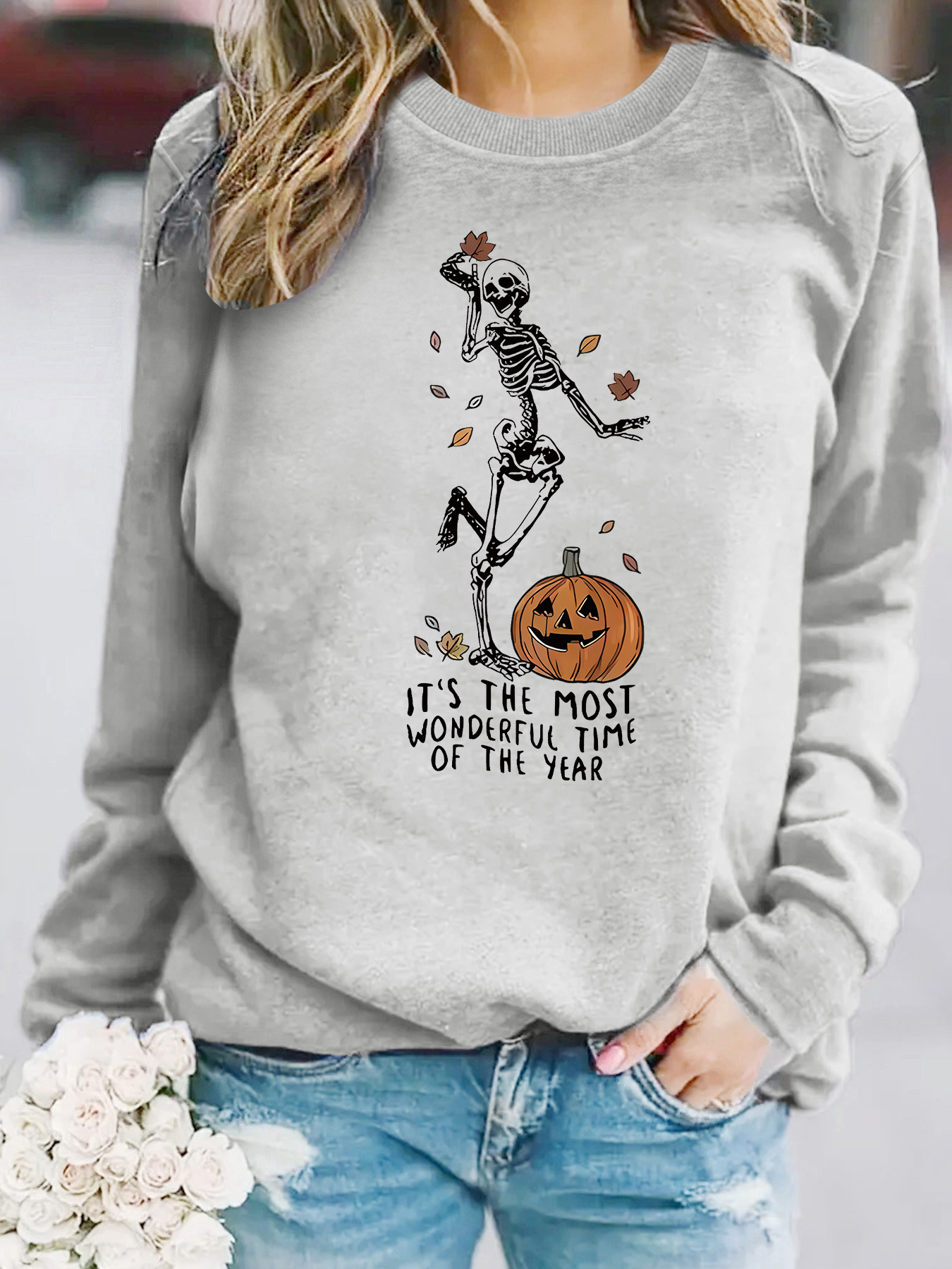Herren-Sweatshirt mit Kürbis-Totenkopf-Print für Halloween – Gemütlicher Langarm-Pullover mit Rundhalsausschnitt für Damen und Herren (verschiedene Farben und Größen)_voghion.com