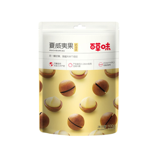 Baicao flavored macadamia nut 100g creamy nut dried fruit snack specialty roasted seeds and nuts snack food with opener