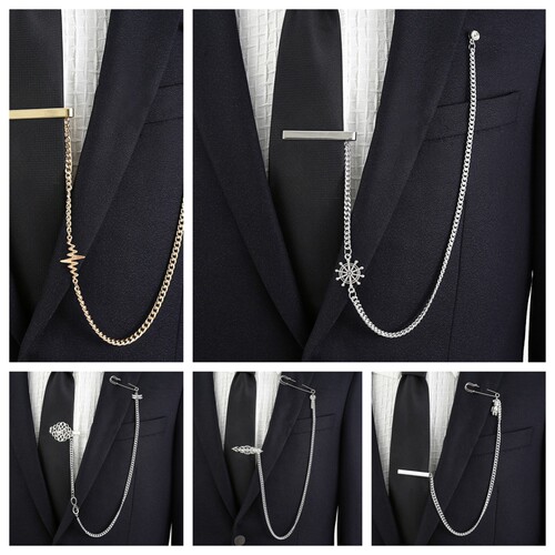 Fashionable tie clip long chain formal suit men's gold silver collar clip rudder electrocardiogram bear clip
