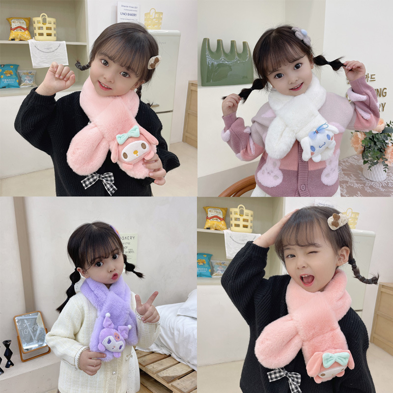 New Kidsren's Scarf Autumn and Winter K-Style Cartoon Baby Scarf Thickeneded and Warm Imitation Rabbit Fur Plush Cross Scarf