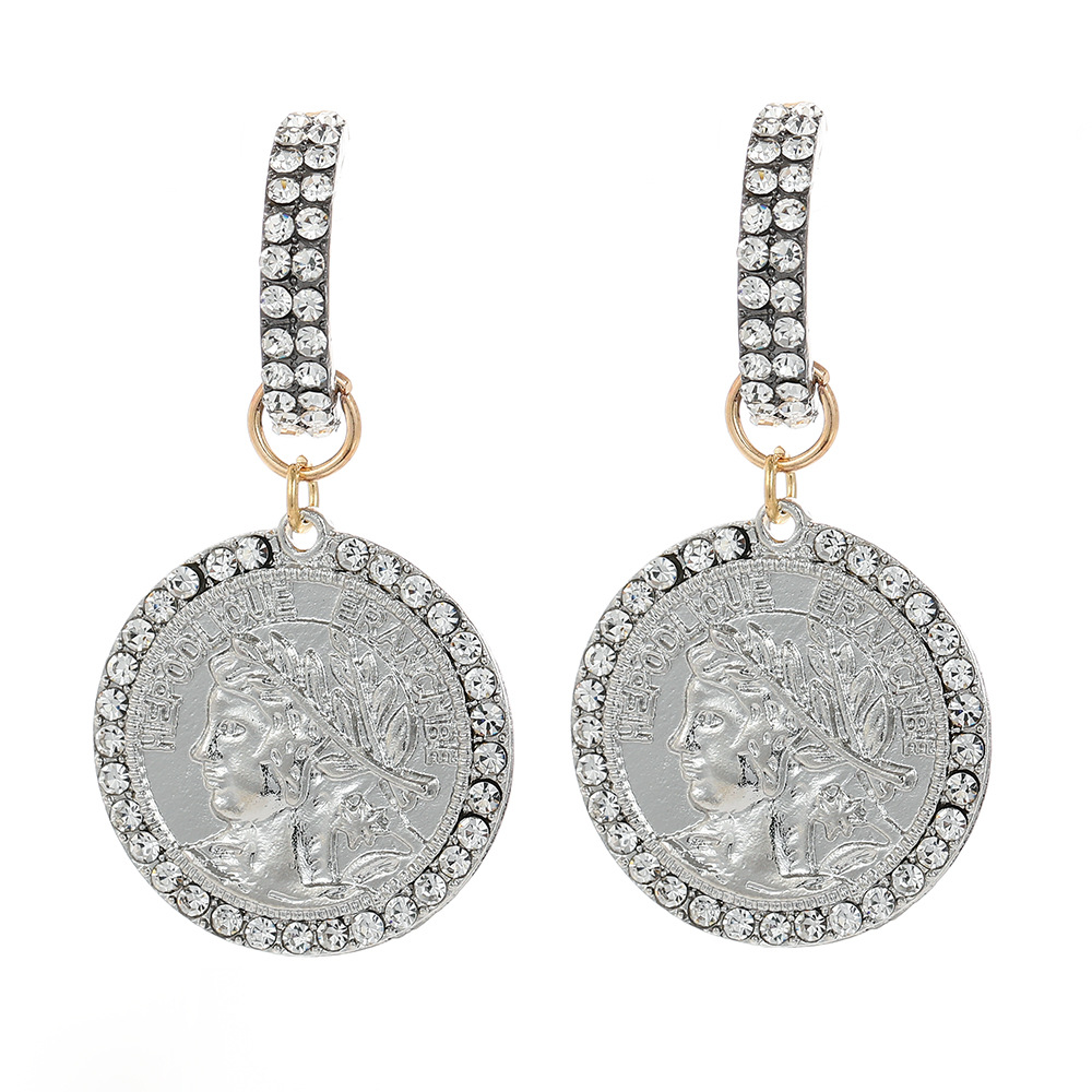 Fashion Round Coin Embossed Portrait Diamond-studded Earrings display picture 2