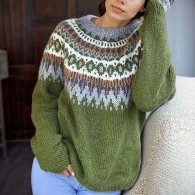 2026 Aliexpress Women's Sweet and Elegant Long Sleeve Sweater Versatile Color Block Fashion Loose Round Neck Knitwear Wholesale