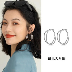 925纯银针双层大圈圈耳环女高级感小众金属耳圈复古素圈港风耳饰