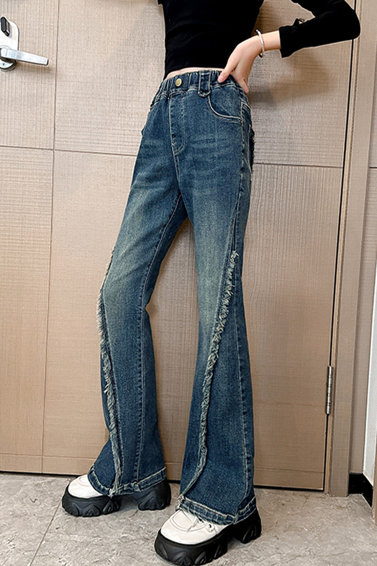 Jeans in denim effetto consumato per bambini con orlo grezzo e vestibilità comoda - Jeans elasticizzati in vita azzurri per ragazze, stile streetwear alla moda_voghion.com