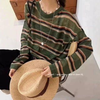 条纹撞色冰丝针织防晒外搭上衣女夏季松弛慵懒感宽松长袖罩衫t恤