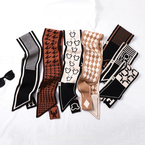 Autumn and winter fur scarf for women Korean small ear neck gaiter houndstooth narrow scarf small long knitted small scarf wholesale