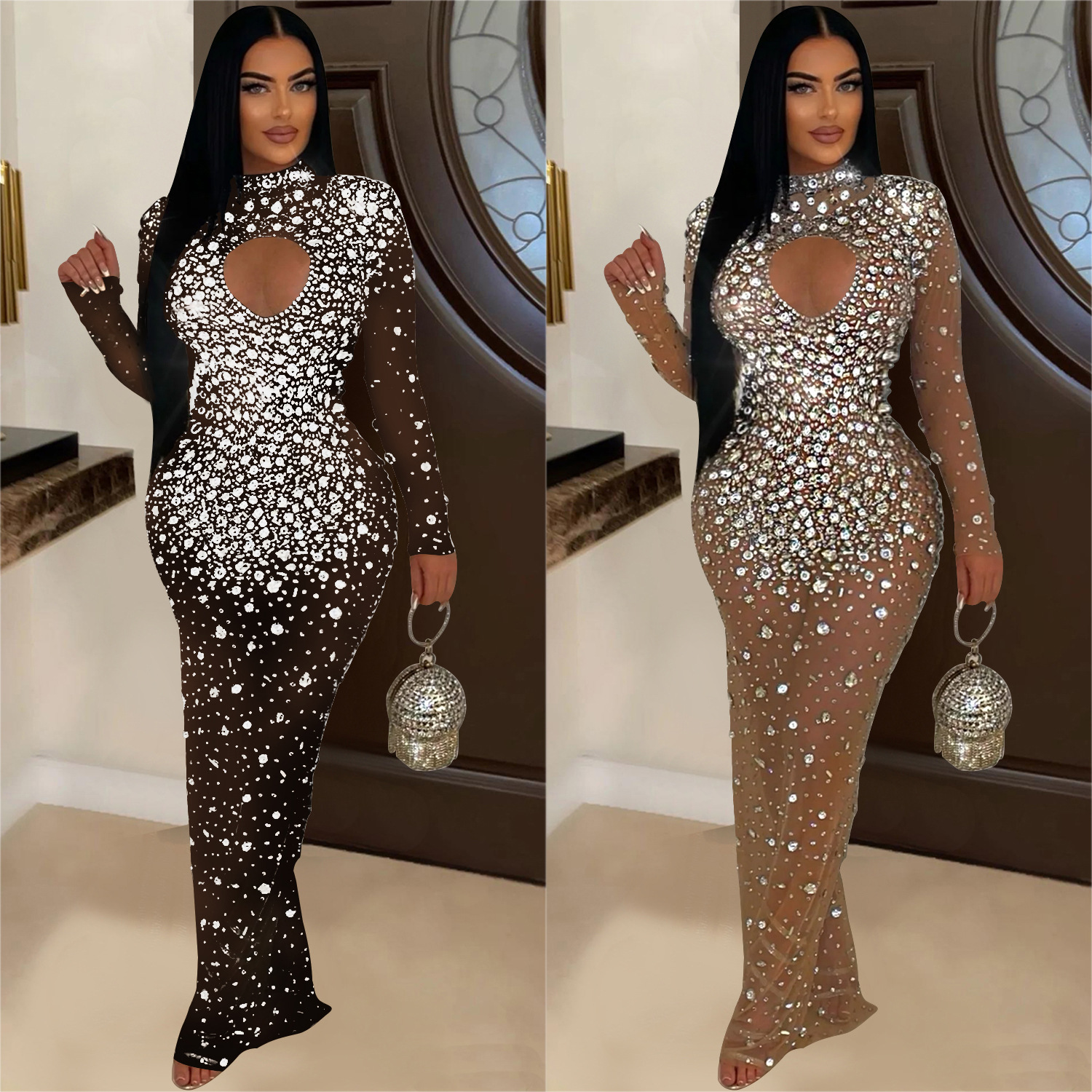 C6993 AliExpress transfronterizo Amazon estación independiente de moda europea y americana ropa de mujer de cuello redondo vestido de diamante caliente vestido largo nuevo image 3