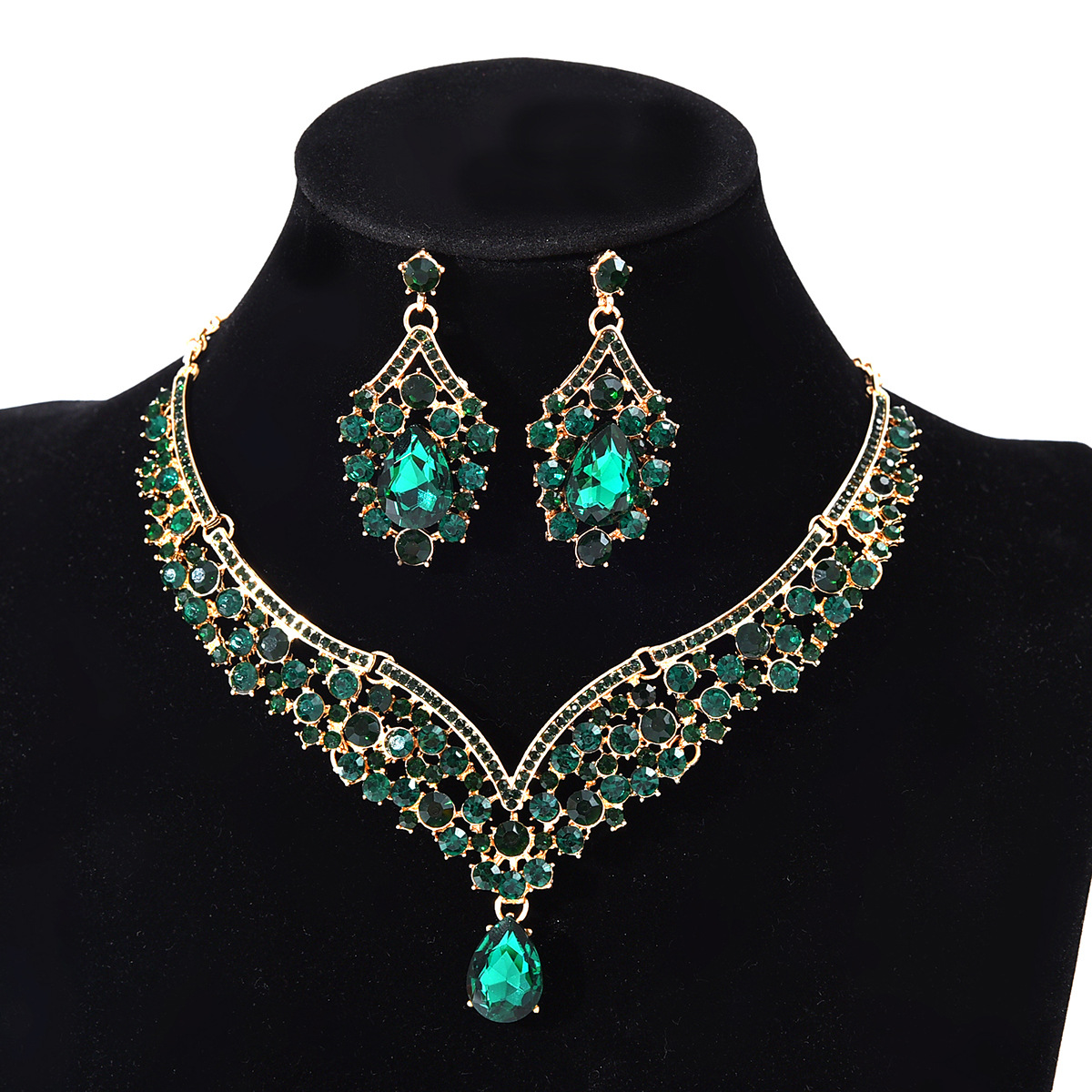 Ensemble collier et boucles d'oreilles pendentif exagérés, style rétro européen et américain, orné de pierres précieuses en cristal, chaîne ras du cou pour femme._voghion.com