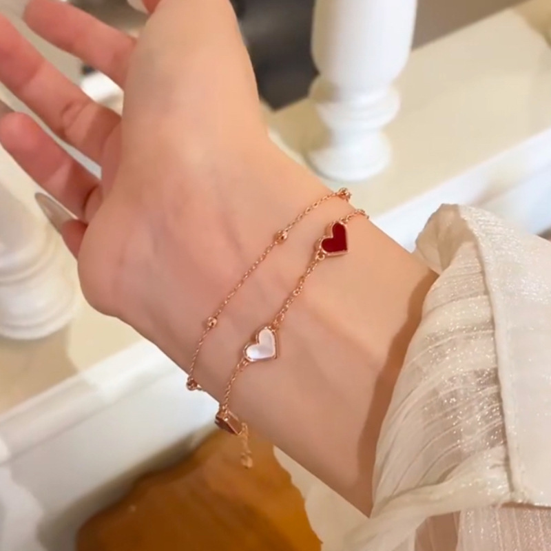 French Retro Versatile Temperament Bracelet Niche High-End Light Luxury Jewelry Double-Layer Mother-Of-Pearl Heart Pendant Bracelet for Women