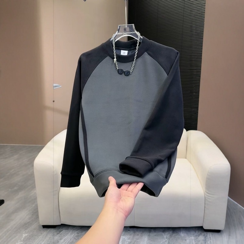 European Style Men's Embroidered Color Blocked Crew Neck Sweatshirt High End Light Luxury Autumn Striped Long Sleeved Top Trendy 2025_voghion.com