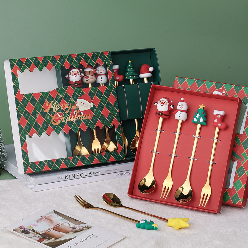 Cross-Border Cute Christmas Spoon Set Coffee Spoon Creative Stirring Spoon Fork Christmas Gift Box Tableware Dessert Fork