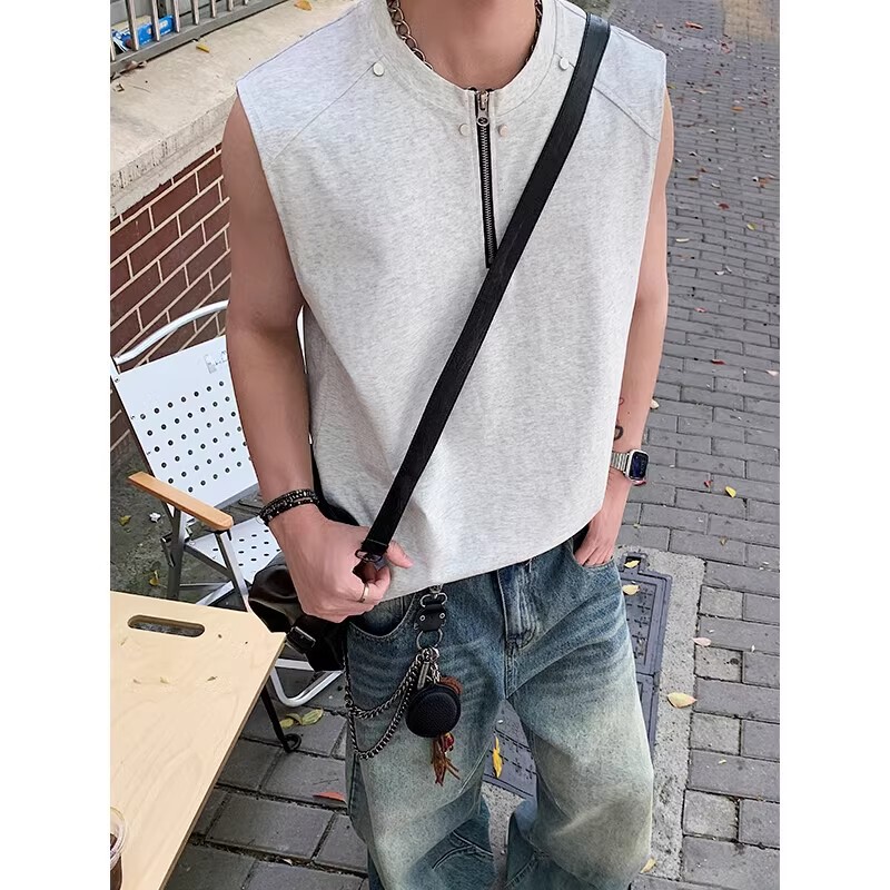 Summer Half-Zip Sleeveless Vest for Men, Stylish Heavy-Duty Design, American Retro Tank Top