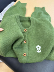 复古绿色花朵刺绣长袖针织开衫女2025秋季新款小众百搭显瘦上衣