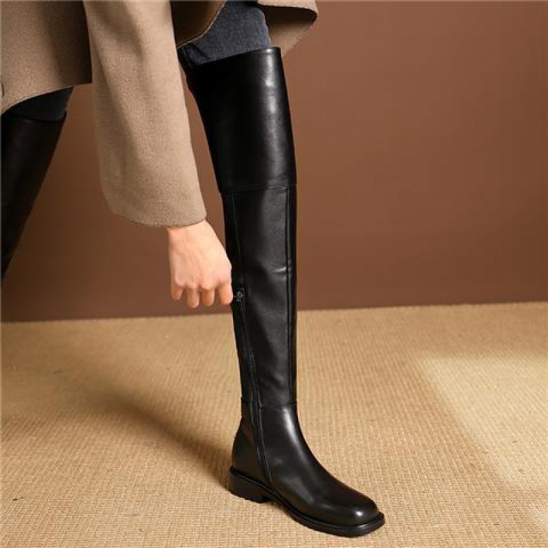 22 New Slim Leg Over Knee Long for Women Low Heel Flat Bottom Black High Barrel Autumn/Winter Single with Velvet Knight_voghion.com
