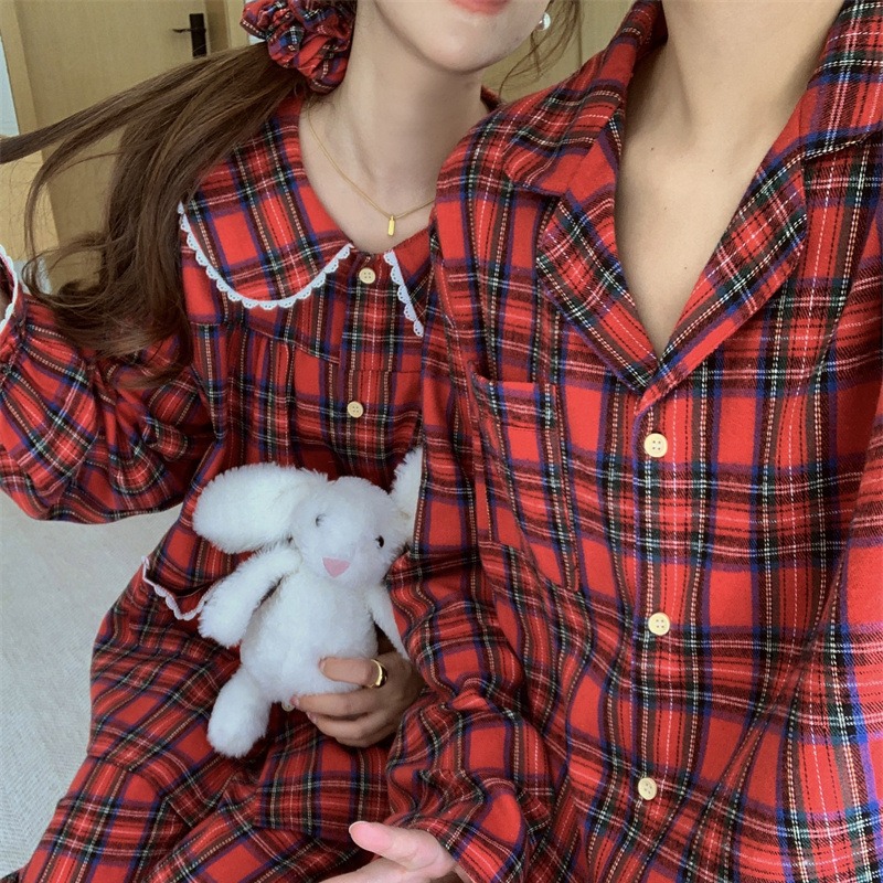 한국 인 크리스마스 레드 커플 격자 무늬 레이스 인형 칼라 파자마 느슨한 긴팔 홈 의류 헤어 밴드 세트