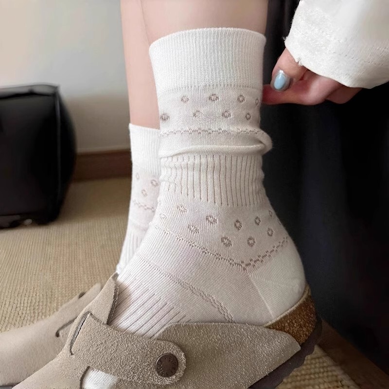 Korean-style Cream Spring and Summer Hollow Small Flower Mid-size Socks Thin Socks Women's Breathable Boneless Stacked Socks Solid Color All-match
