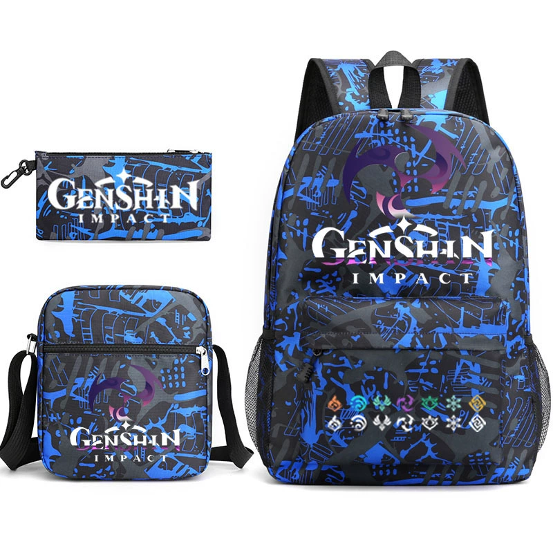 Backpack set (Genshin) 3‑piece — backpack, one‑shoulder bag, pencil case, assorted colors