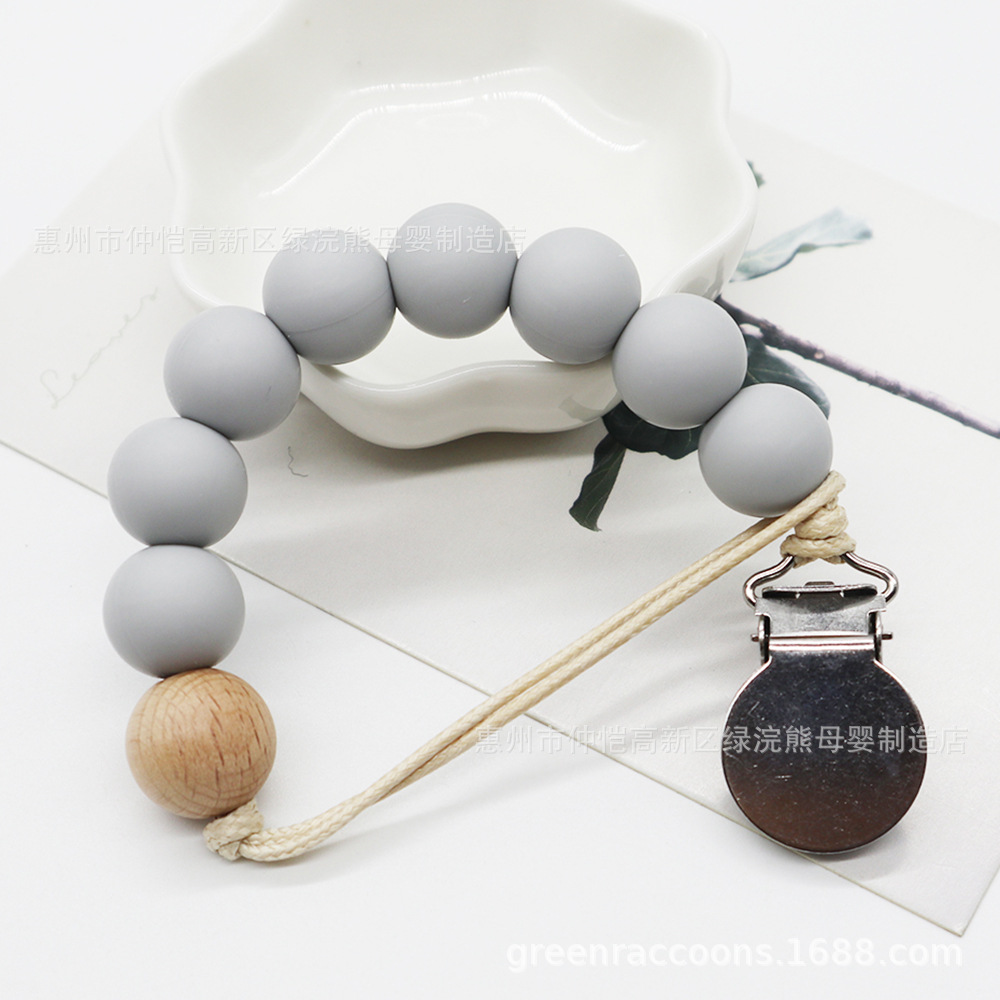 Nordic ins Style Baby Pacifier Beech Wooden Pacifier Chain Silicone Beaded Molar Gum Anti-dropping Chain