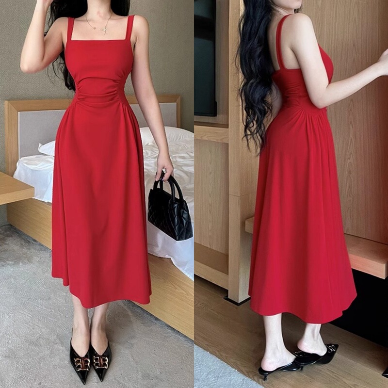 Stylish Banquet Dress, Fashionable Solid Color Spaghetti Strap Dress for Women, Cross-Border High-End Versatile Mid-Length Dress