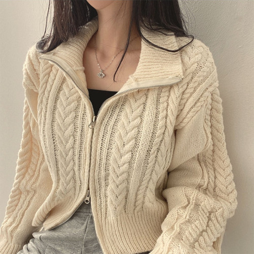 Autumn/Winter New Korean Style Retro Chic Student Solid Color Crochet Cardigan for Women with Double Zipper Knit Top