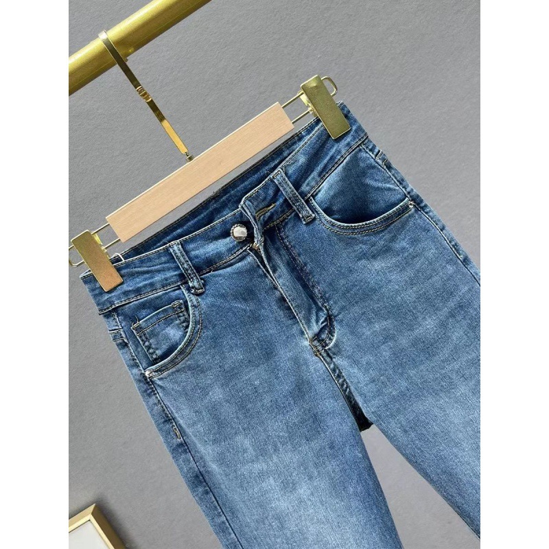 Rhinestone Flared Jeans – High-Waisted Stretch Denim With Side Slits & Embellished Hem (S-3XL, Light Wash)_voghion.com