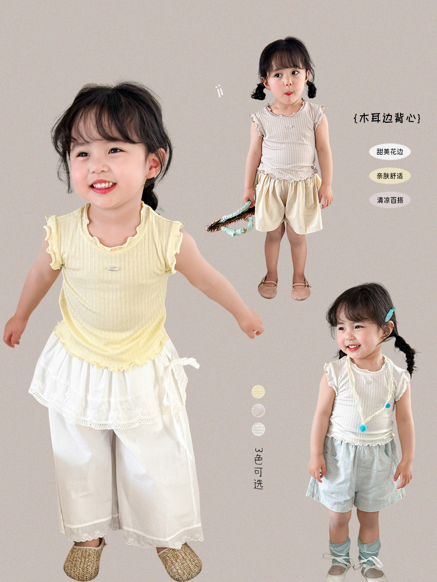 Caña de pera ropa para niños chaleco para niñas estilo fino de verano 2025 nuevo estilo ropa de bebé con orejas de madera para niños