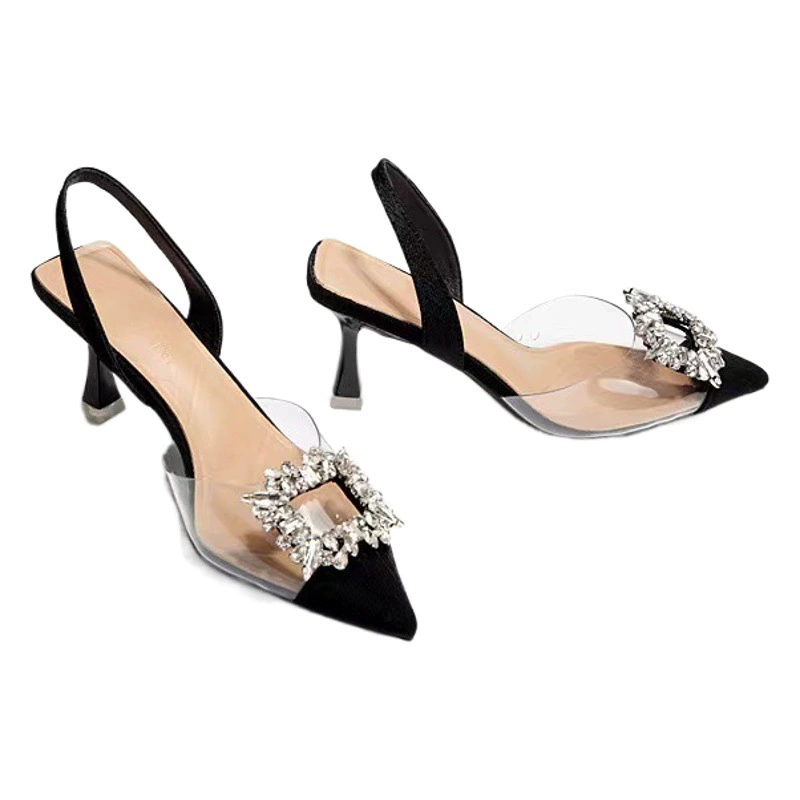 2024 новые летние модные босоножки на шпильке с квадратной пряжкой, прозрачными ремешками и заостренным носком, украшенные стразами